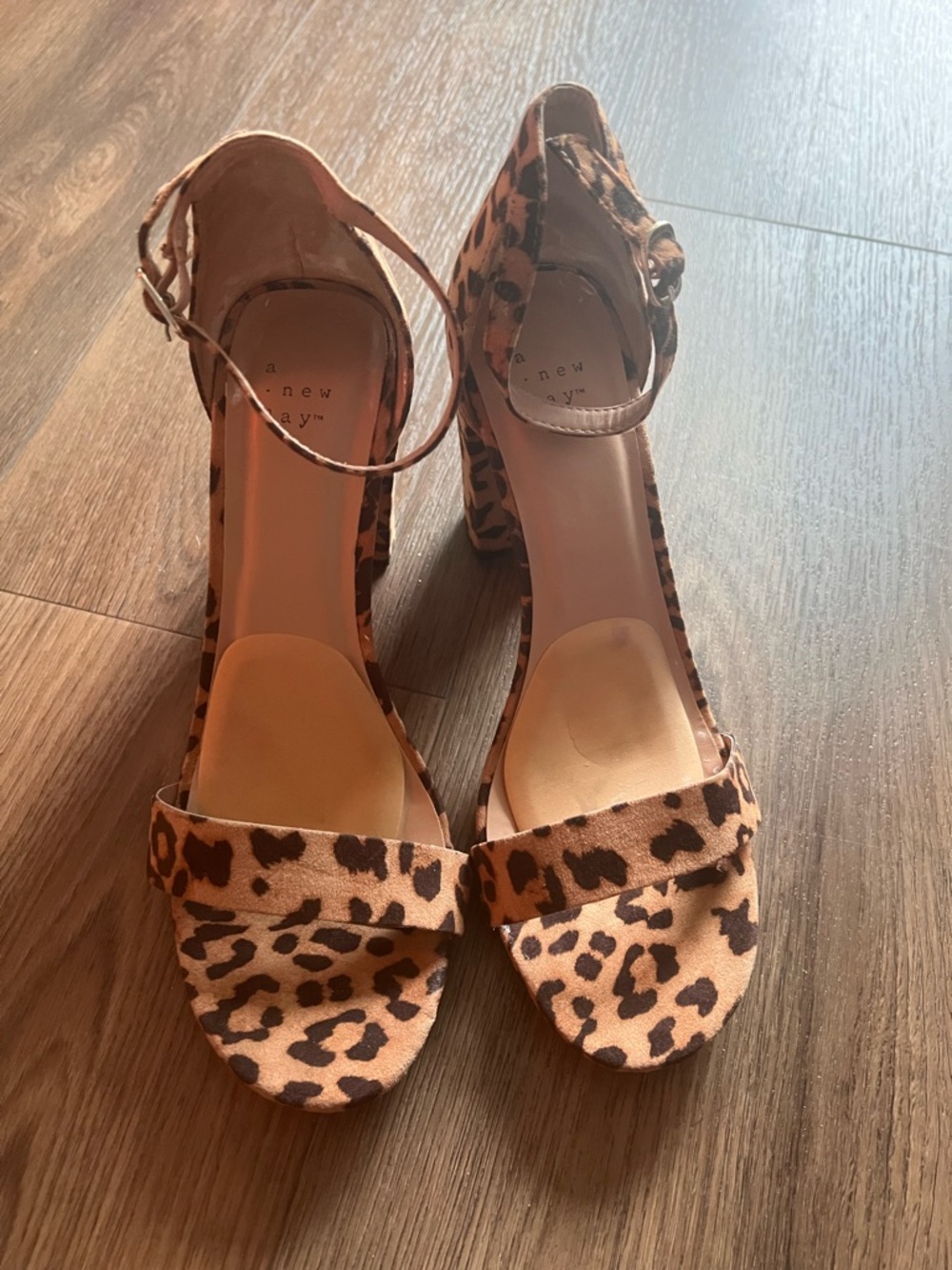 a new day Leopard Print Ankle Strap Block Heels - Tan and Black